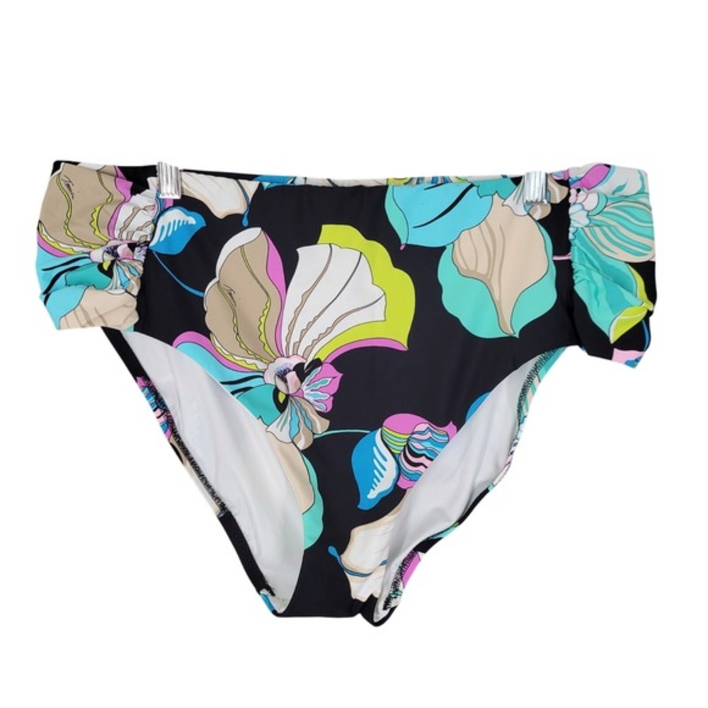 Trina Turk Bikini Bottoms Womens 16W Black Floral Sintra Flora Ruched Swimwear
